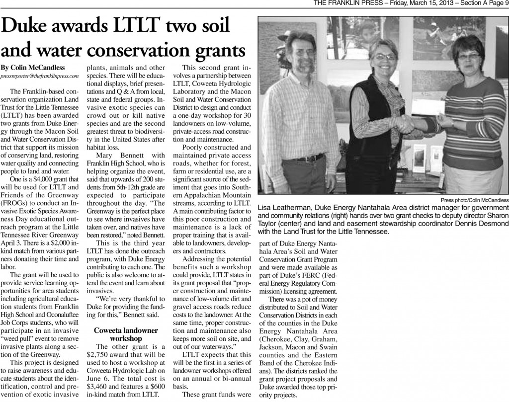 “Duke awards LTLT two soil and water conservation grants”